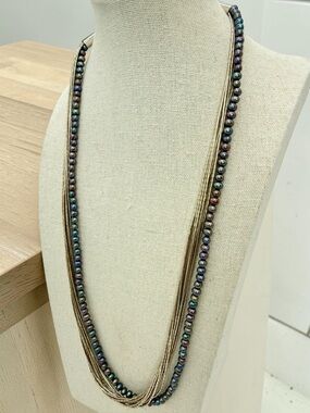 Vintage 925 Liquid Silver 10 Strand Iridescent Peacock Pearl Necklace 24” 46grs